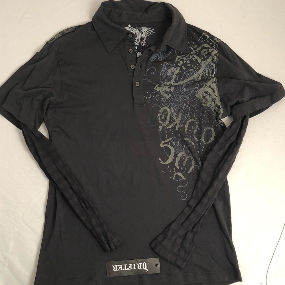 Drifter multicolor faux-layered long sleeve fitted graphic polo shirt
